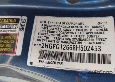 2008 Honda Civic Lx from USA, damaged, VIN 2HGFG12668H502453